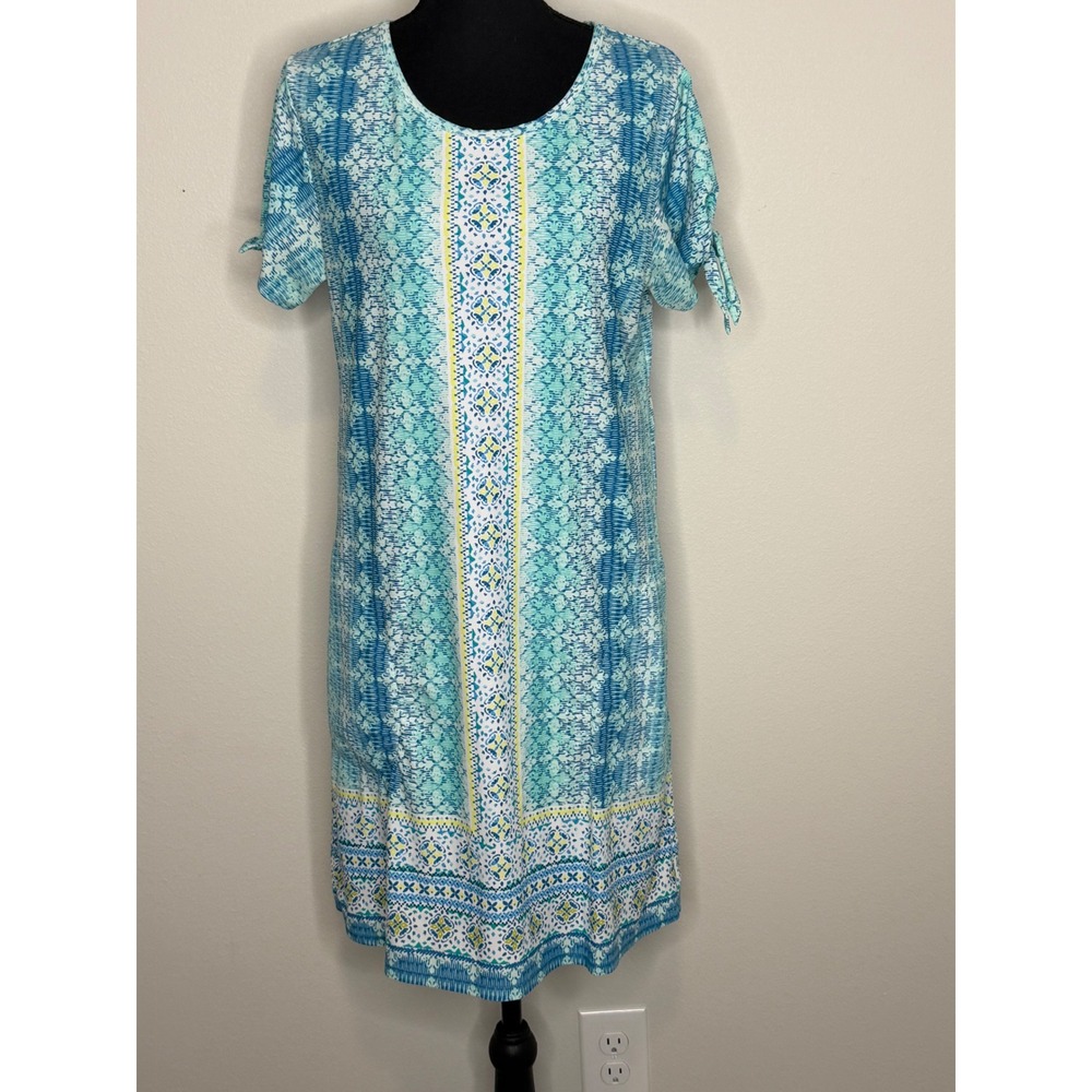 Cabana Life Blue Geometric Medallion Tie Sleeve Shift Dress Swim Cover Up Sz S
